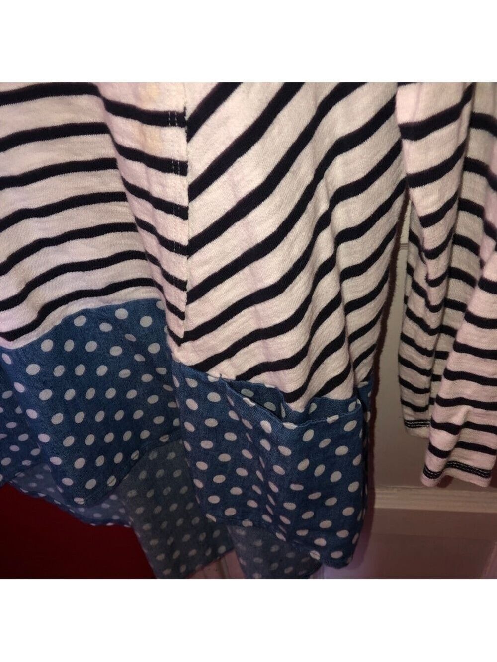 𝅺Anthropologie Postmark Fairley Postage Stamp Roll Tab Striped Polka Dot Shirt - Picture 9 of 12